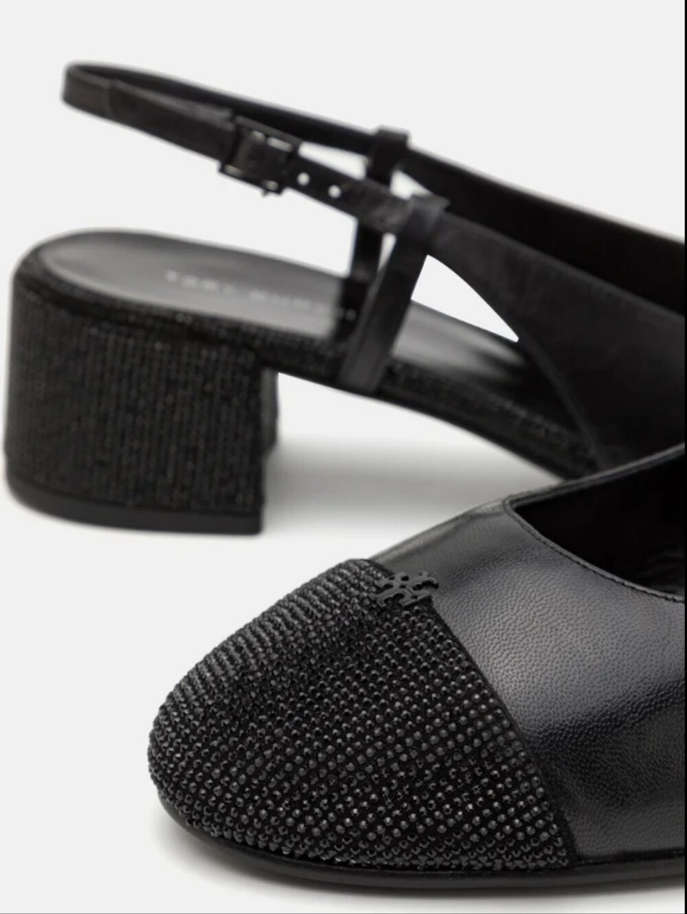 #701 Tory Burch black leather block heel slingback pumps with glittery embellish - Picture 3 of 3